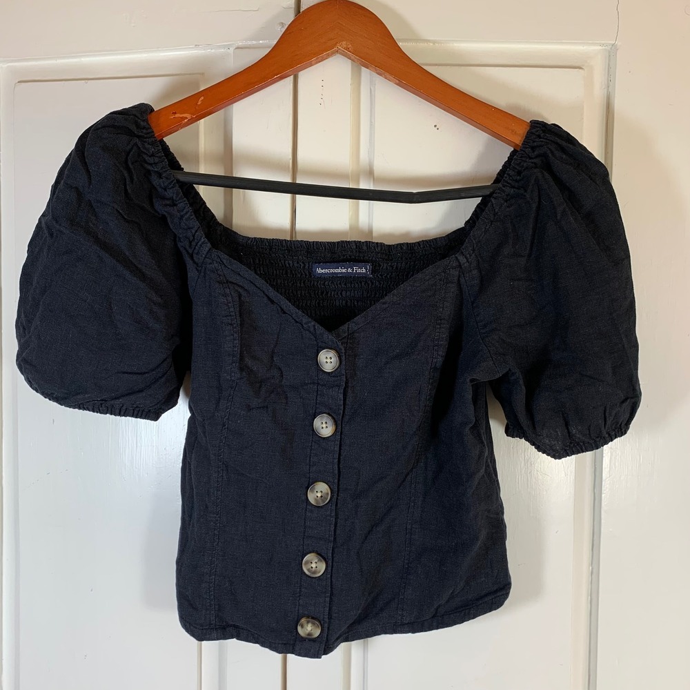Abercrombie Puff Sleeve Linen Blend Button Top Black XS Cottagecore Peasant Cute